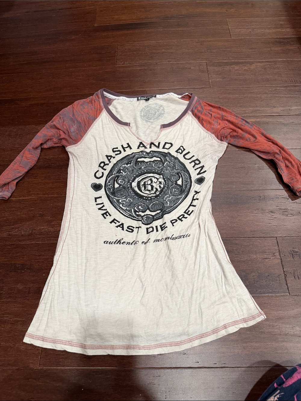 Crash & Burn Cream Raglan Tee with Red-Marled Sleeves